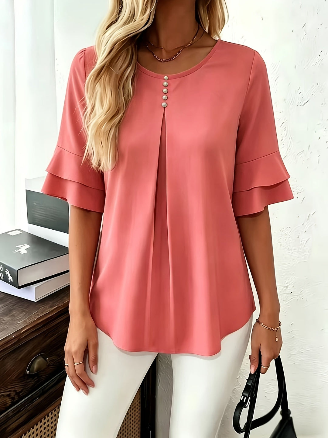 Karen | Blouse met Flared Mouwen en Plissé
