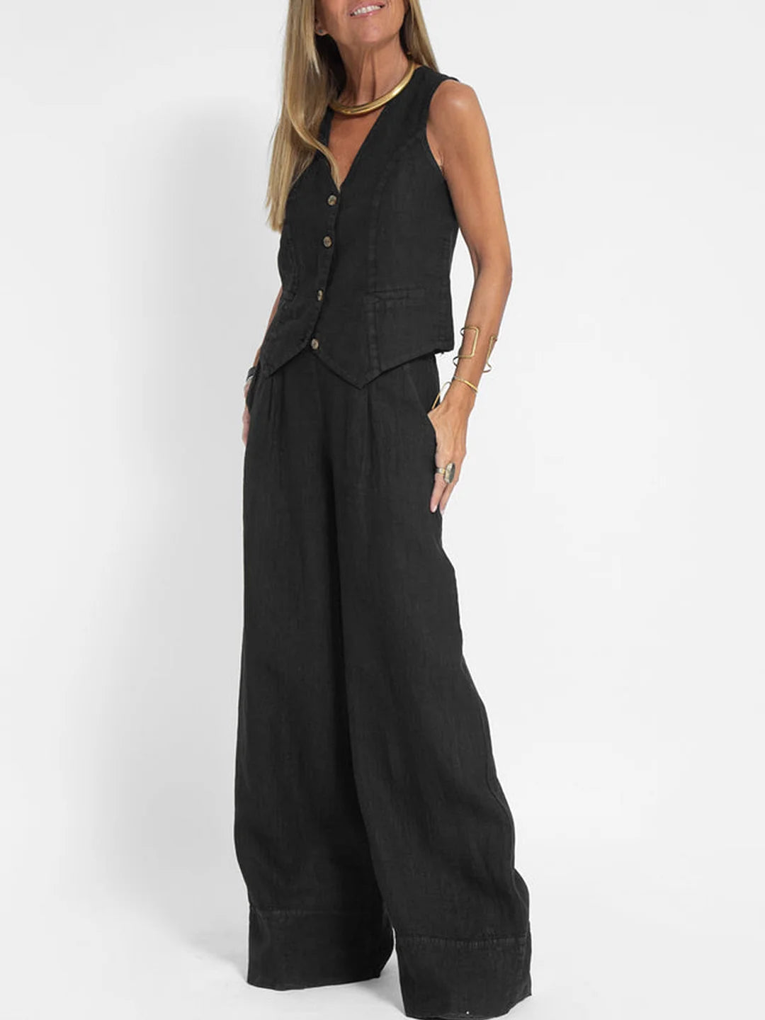 Lauren | Mouwloze V-Hals Vest &amp; Brede Pantalon Set