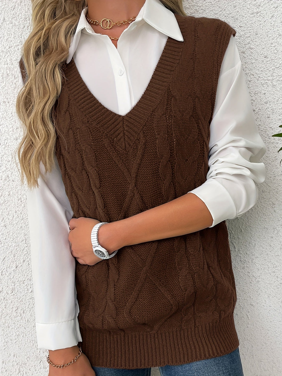Cora | Gezellige Kabelgebreide V-Hals Sweater Vest