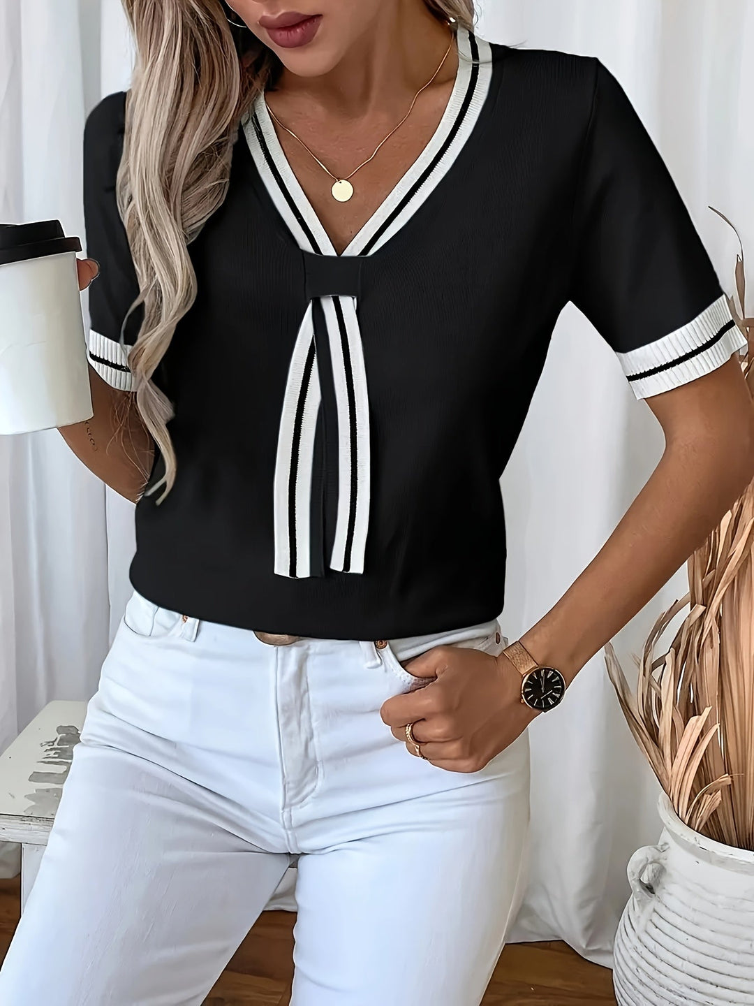 Daphne | V-Hals Korte Mouwen Pullover
