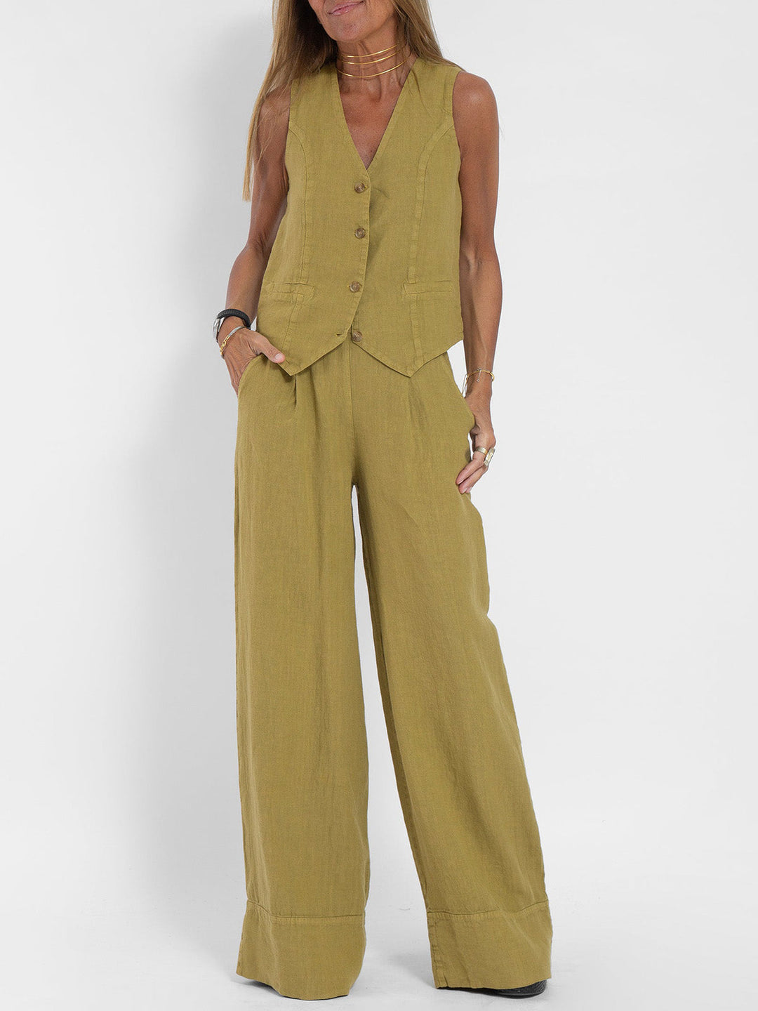 Lauren | Mouwloze V-Hals Vest &amp; Brede Pantalon Set