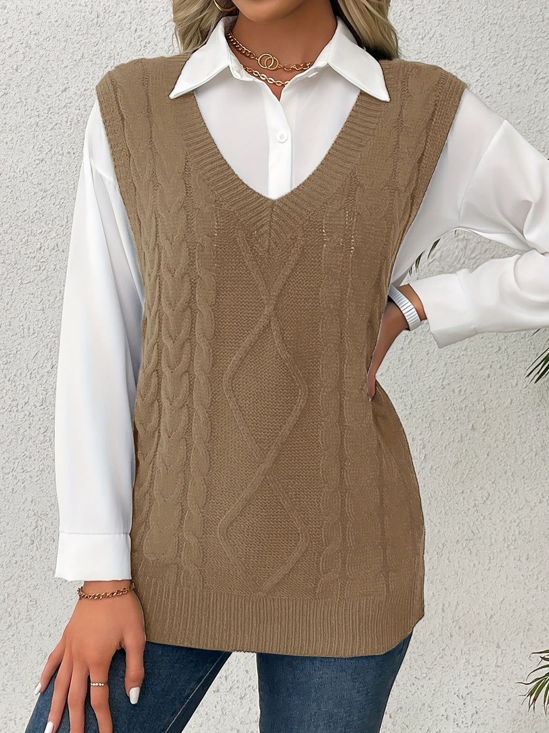 Cora | Gezellige Kabelgebreide V-Hals Sweater Vest