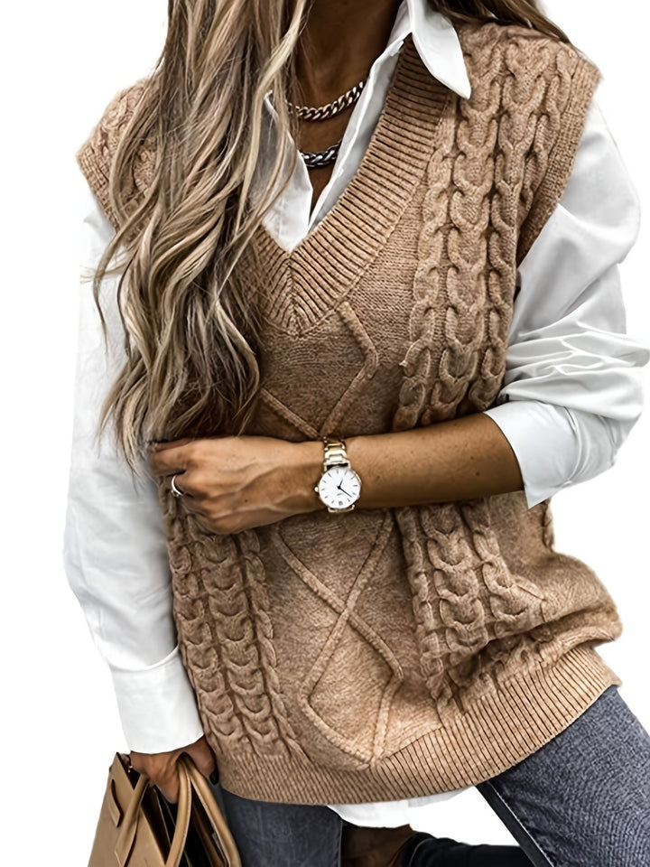 Cora | Gezellige Kabelgebreide V-Hals Sweater Vest