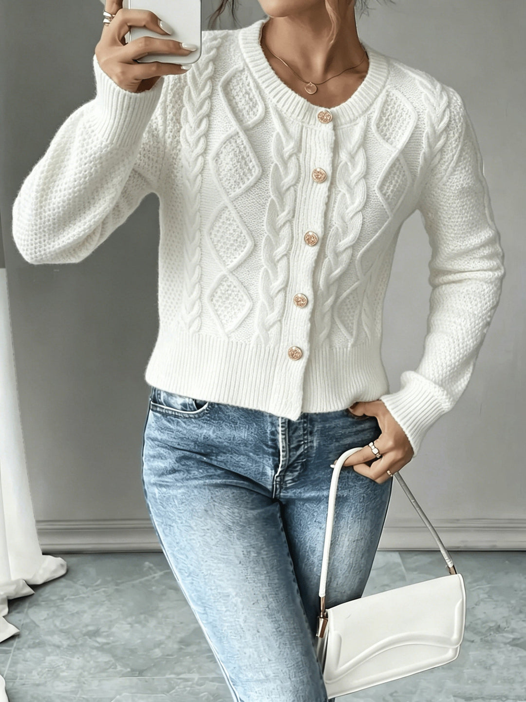 Eleanora | Kabelgebreide Knopen-Voorkant Cardigan