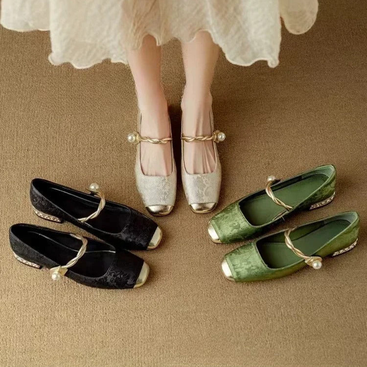 Camille | Vintage Vlecht Pearl Strap Schoenen