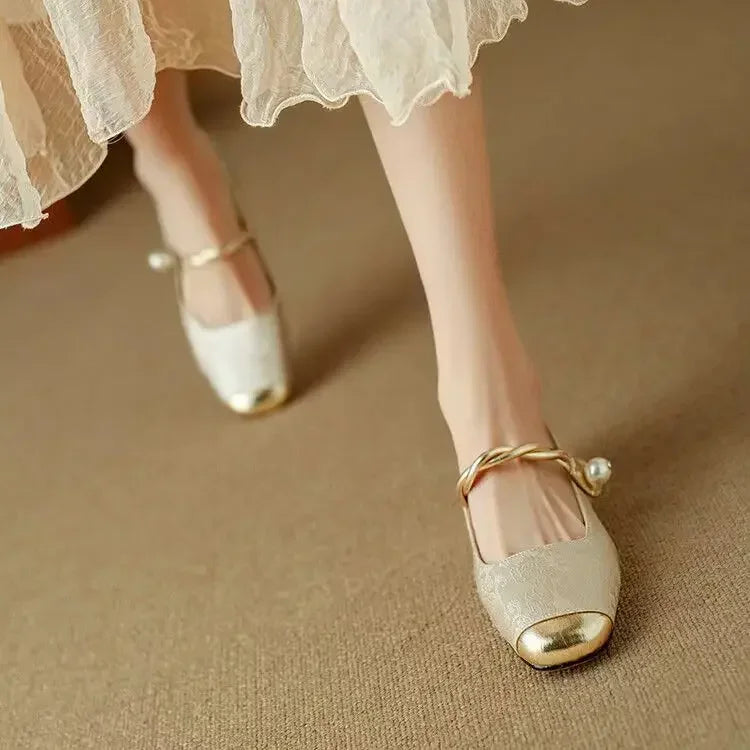 Camille | Vintage Vlecht Pearl Strap Schoenen
