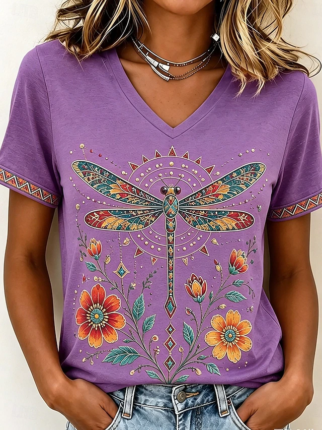 Yvette | Kunstzinnige Libelle V-Hals T-Shirt