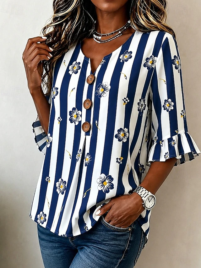Vivian | Bloemen Gestreepte V-Hals Blouse