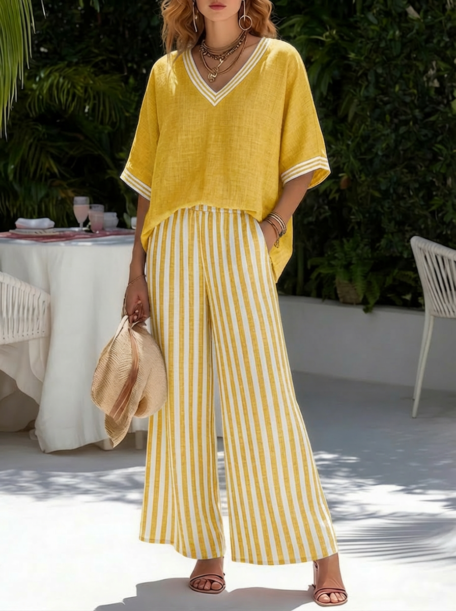 Beverly | Stijlvolle V-hals en Streep Broek Set