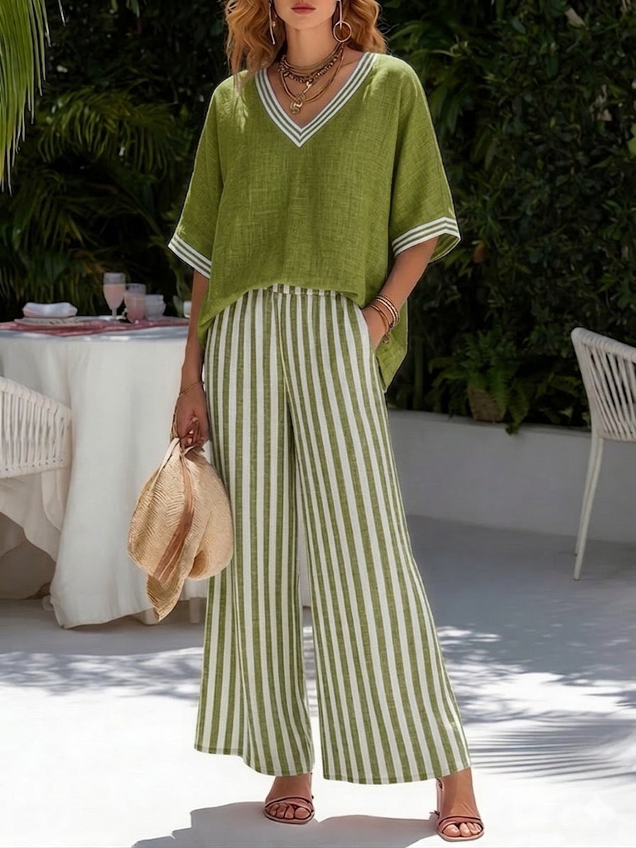 Beverly | Stijlvolle V-hals en Streep Broek Set