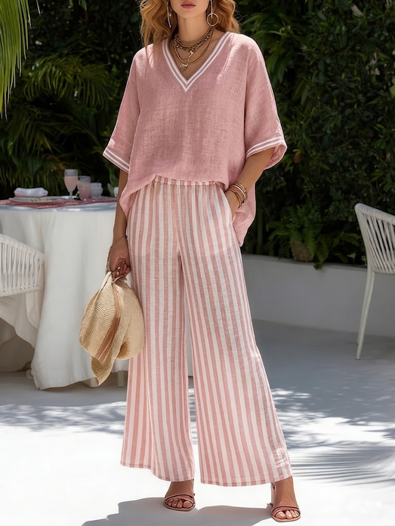 Beverly | Stijlvolle V-hals en Streep Broek Set