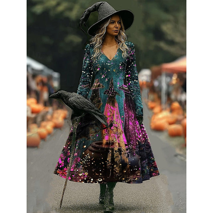 Maren | Halloween Heks Print A-Lijn Maxi Jurk