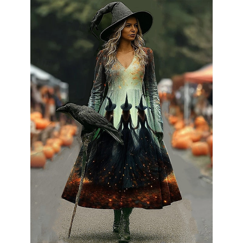 Maren | Halloween Heks Print A-Lijn Maxi Jurk