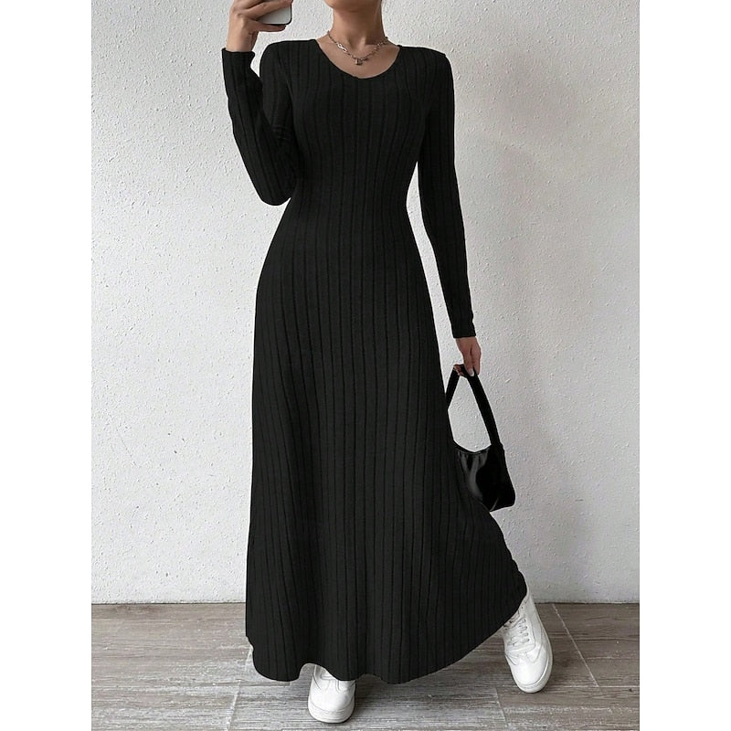 Willa | Geribbelde Maxi-jurk met Lange Mouwen