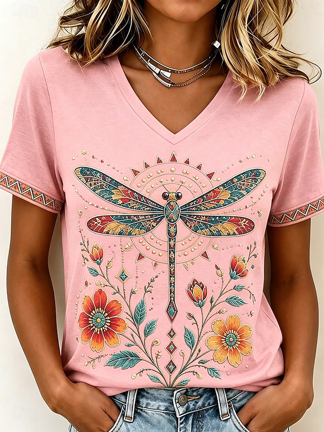 Yvette | Kunstzinnige Libelle V-Hals T-Shirt