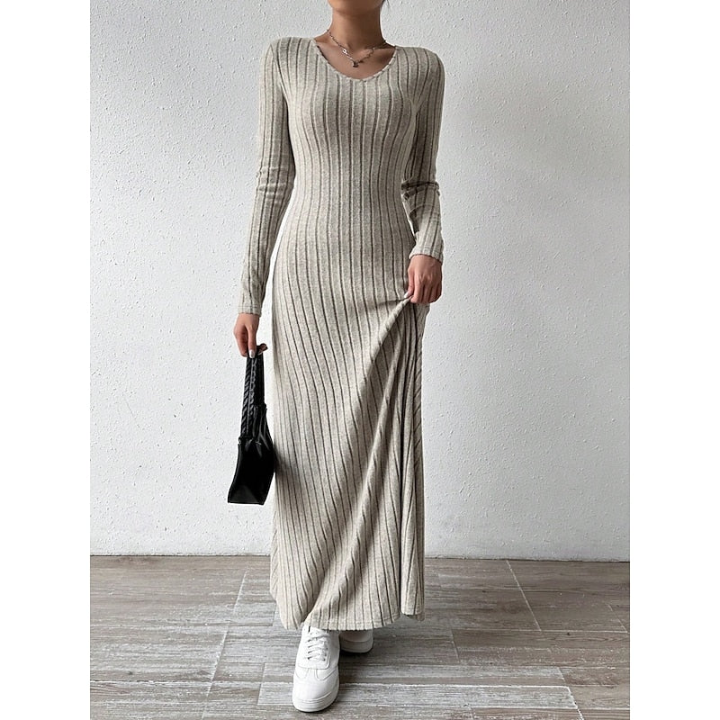 Willa | Geribbelde Maxi-jurk met Lange Mouwen